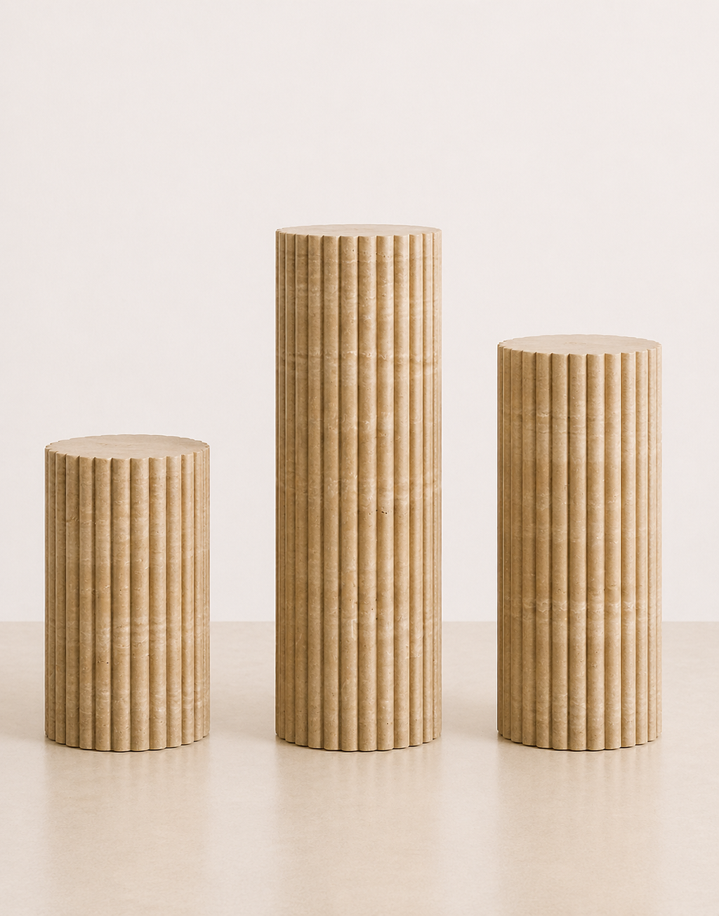 A trio set of short, medium and tall fluted beige travertine plinths with natural grain texture placed in a beige studio.