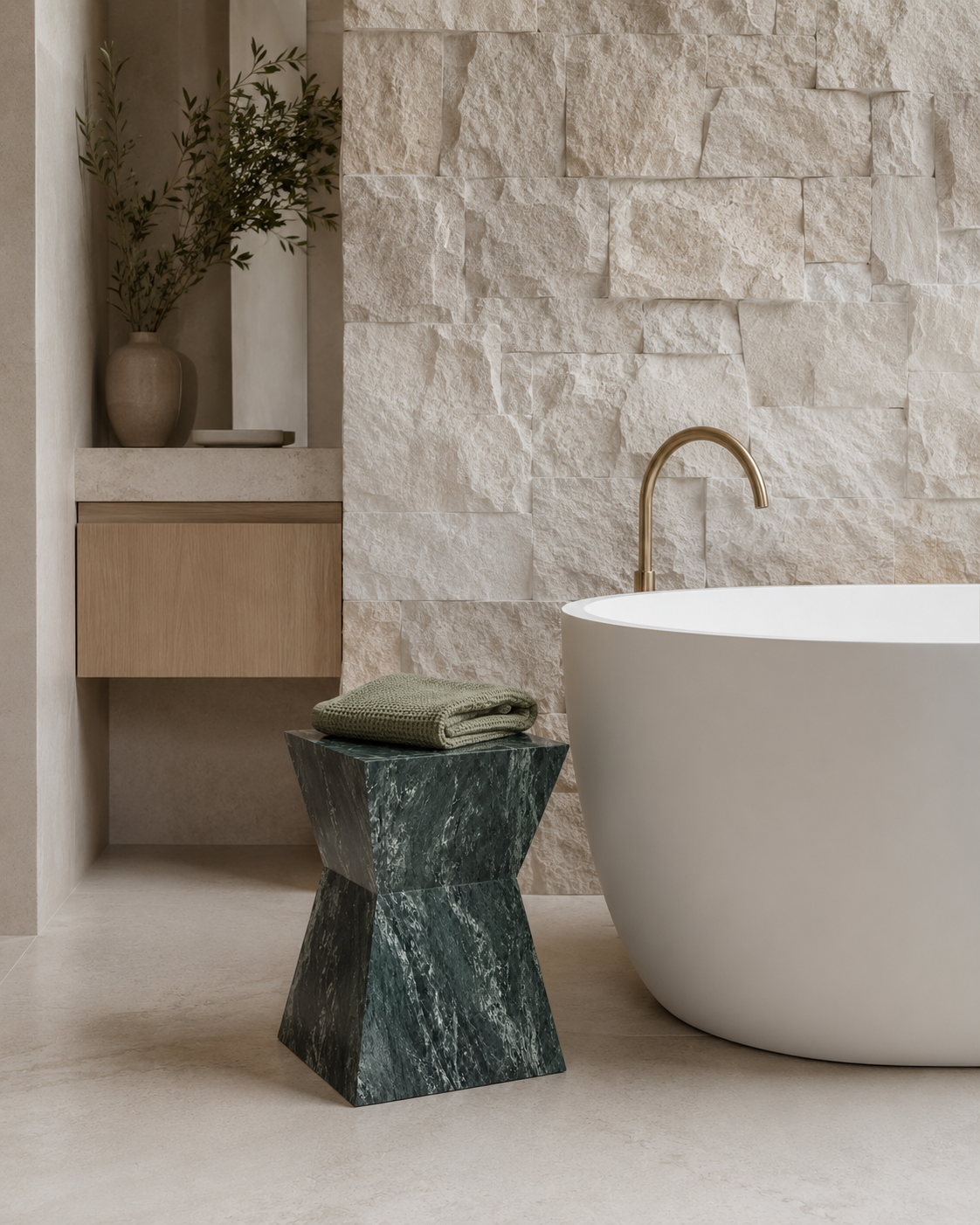 Modern bathroom with a luxury emerald green marble stool, modern silhouette bathtub with brushed gold hardware, and aesthetic stone wall. Modern Australian home.
