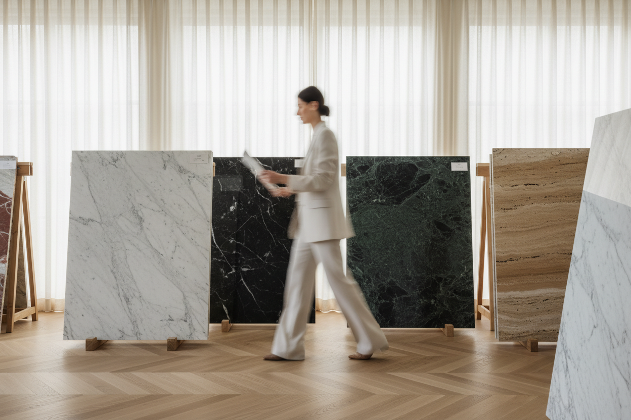 A female interior designer in her 30s, wearing neural, white-beige suit with slim figure, motion blurred, choosing marble slabs (arabescato, nero marquina, rosso levanto, verdi alpi, beige travertine) in a light filled, airy, spacious studio, with soft indirect natural light, floor to ceiling curtain as background, light timber flooring in wide herringbone pattern. Kinfolk magazine editorial style. 